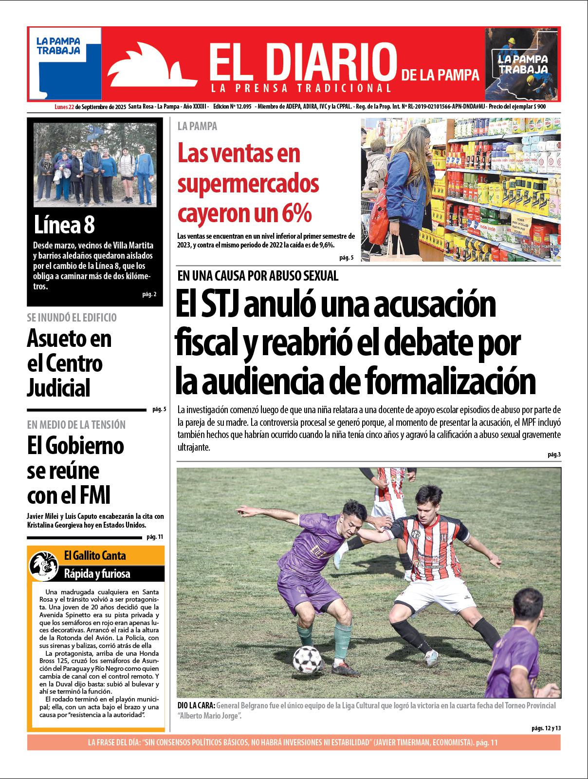 Tapa de El Diario en papel  lunes 22 de septiembre de 2025